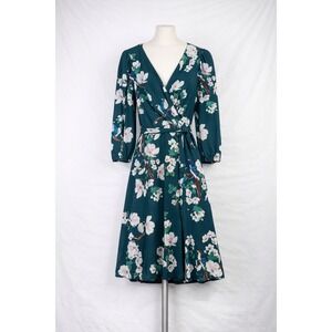 Eliza J Teal Floral Bird Print Wrap Midi Dress 3/4 Sleeve V-Neck Size 10